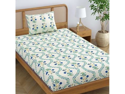 SheetKart Pure Cotton Floral Printed Jaipuri Bedsheet for Single Bed with 1 Pillow Cover  - Blue Lily