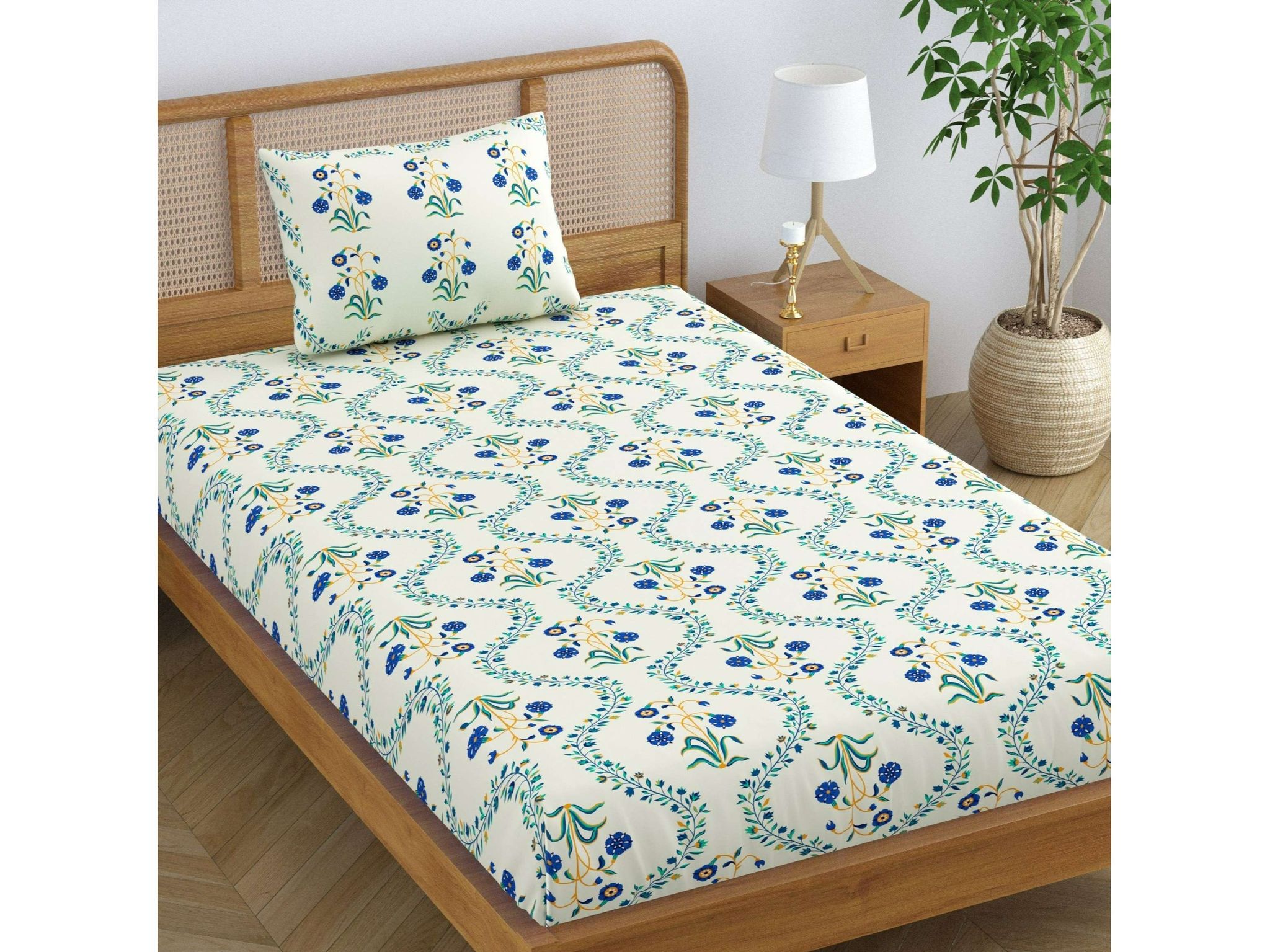 SheetKart Pure Cotton Floral Printed Jaipuri Bedsheet for Single Bed with 1 Pillow Cover  - Blue Lily