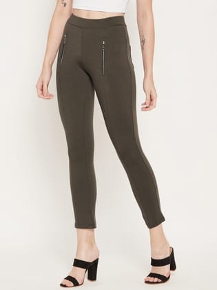 Women Olive Solid Skinny-Fit Jeggings