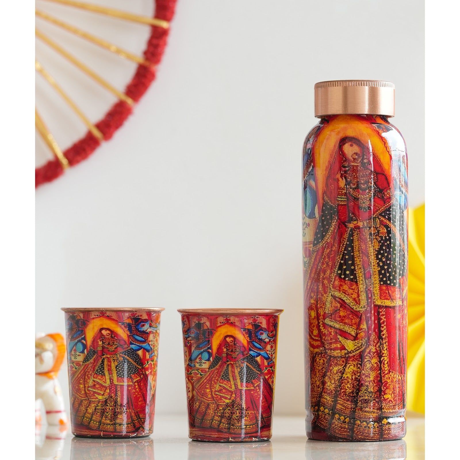 Indian Art Villa, Pure Copper Bottle & Two Glass Set With historical Rajasthani Meena "Padharo Mhare Desh"  Printed Theme