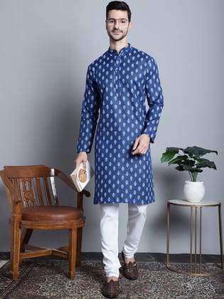 Men's Cotton Floral printed kurta Pyjama-S / Navy-Blue