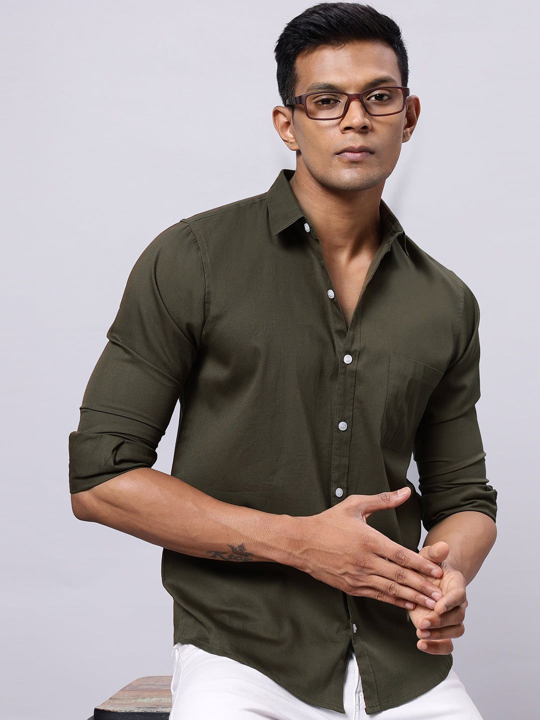 Men Olive Green Solid Slim Fit Cotton Shirt-S