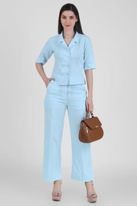 Linen Open Collar Shirt with Trousers, Sky Blue-XS / XS
