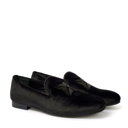 Black Velvet Zardosi Beads Slip-On Shoes-40/6