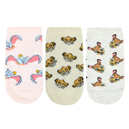 Balenzia X Disney Animals Printed Ankle Socks for Women | Pack of 3-Stretchable from 19 cm to 30 cm / 3N