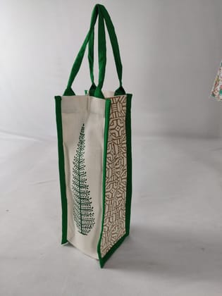 Handcrafted Block Printed Bottle Bag  Eco Friendly Reusable Wine Tote Perfect for Gifting and Storage-Green-Onesize