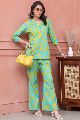 Blue Color Abstract Printed Cotton Co-ord Set-S