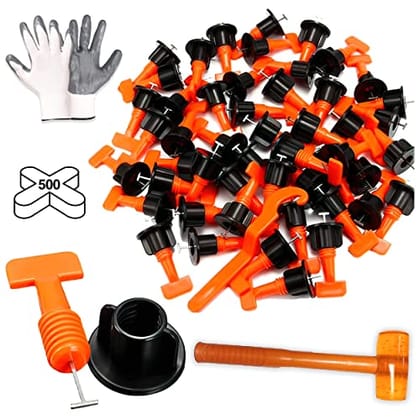 Buildingshop Tile Leveling Kit: ISO 9001 Clips, 1.5MM Needle, Floor Tiles with Mallet, 2MM Spacer, Cut-Resistant Gloves-Pack Of 50