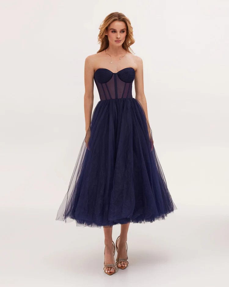 Navy Blue Strapless Puffy Dress-XXS