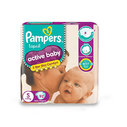 Pampers Active Baby Small Size Diapers\, (S) 92 Count\, 92 Unit Pouch