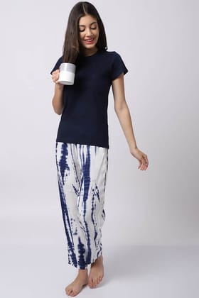 Navy Color Tie & Dye Printed Viscose Rayon Nightsuit For Women-s