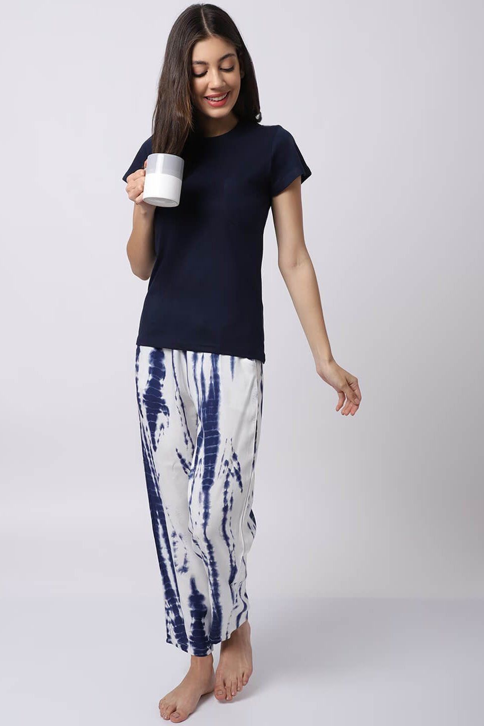 Navy Color Tie & Dye Printed Viscose Rayon Nightsuit For Women-s