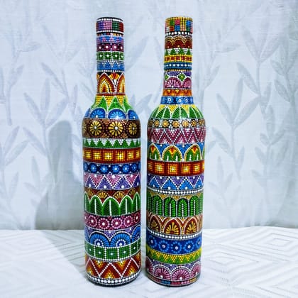 Hand painted Bottleart with Multicolor Dot Art technique for Home Decor- Set of 1 - Bottles & Brushes