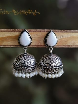 German Silver Oxidised Pan Pearl Jhumka Earrings for Tradition | Sarichka-OFF White