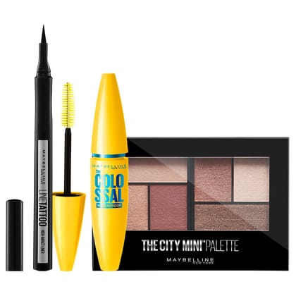Maybelline New York Eye Makeup Kit - Colossal Mascara + Tattoo Liner + 5th Avencue City Mini Palette-3 pcs