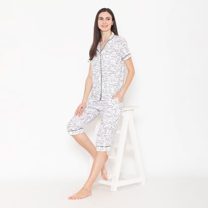 Women's Printed Night Suit Set of Shirt & Capri - White White S