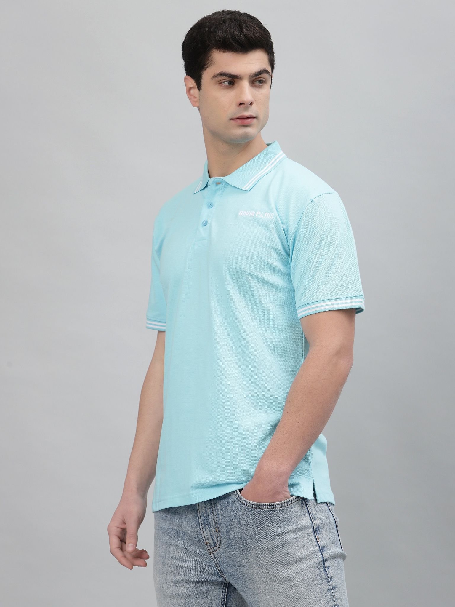 Brand Embroidered Sky Blue Pique Polo Shirt by Gavin Paris-S / Blue