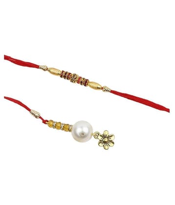 Silver Shine Red Stone Studded Designer Rakhi Combo for Bhaiya and Bhabhi - None