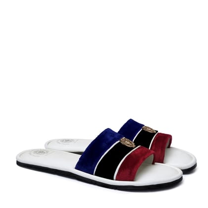 Women's Red, Black & Blue Velvet Strap White Leather Slide-in Slippers by BRUNE & BARESKIN-36/3