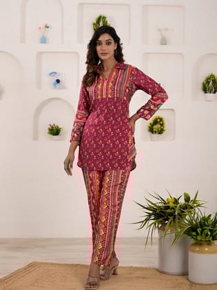 Maroon Floral Print Muslin Co-Ord Set-38