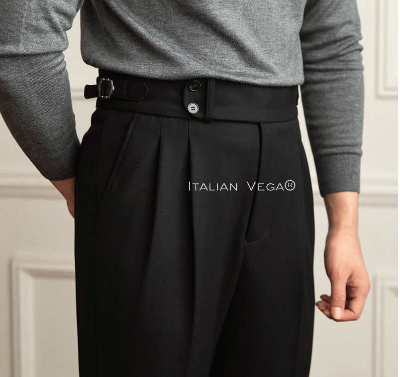 Black Herringbone Signature Buttoned Formal Gurkha Pants by ITALIAN VEGA®-28