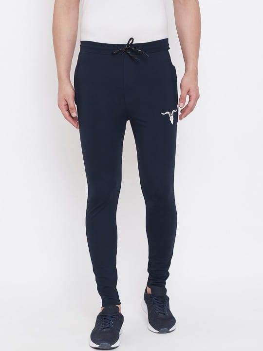 Men Navy Blue Solid Polyester Slim-fit Track Pants