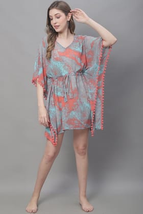 Peach Color Abstract Printed Georgette Coverup Beachwear Kaftan For Woman-ONESIZE