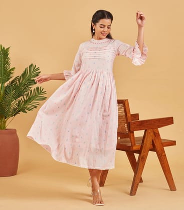 Baby Pink Flared Cotton Dress-L / Baby Pink