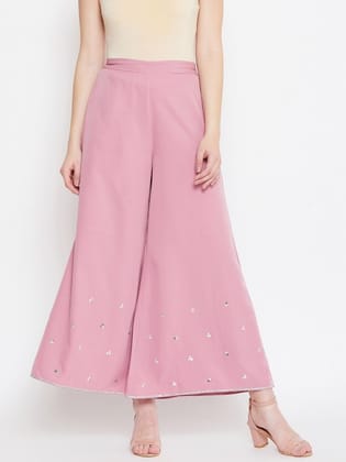 Women Peach-Coloured Floral Embellished Flared Palazzos