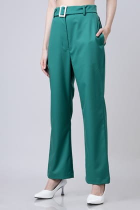 Solid Streight Fit Casual Pants For Women-XXS / Pine Green