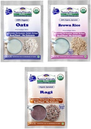 TummyFriendly Foods Certified Organic Stage1 Sprouted Porridge Mixes Trial Packs Sprouted Ragi, Sprouted Brown Rice and Oats, 50 gm Each Cereal (Pack of 3)
