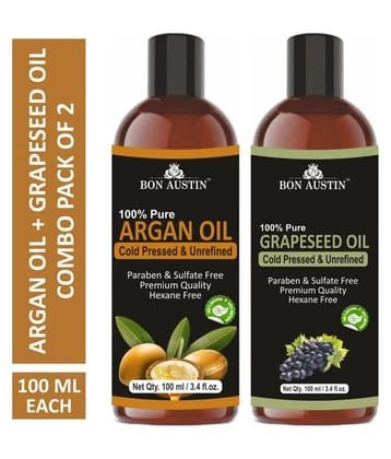 Bon Austin Premium Argan Oil & Grapeseed Oil - Cold Pressed & Unrefined Combo pack of 2 bottles of 100 ml(200 ml)