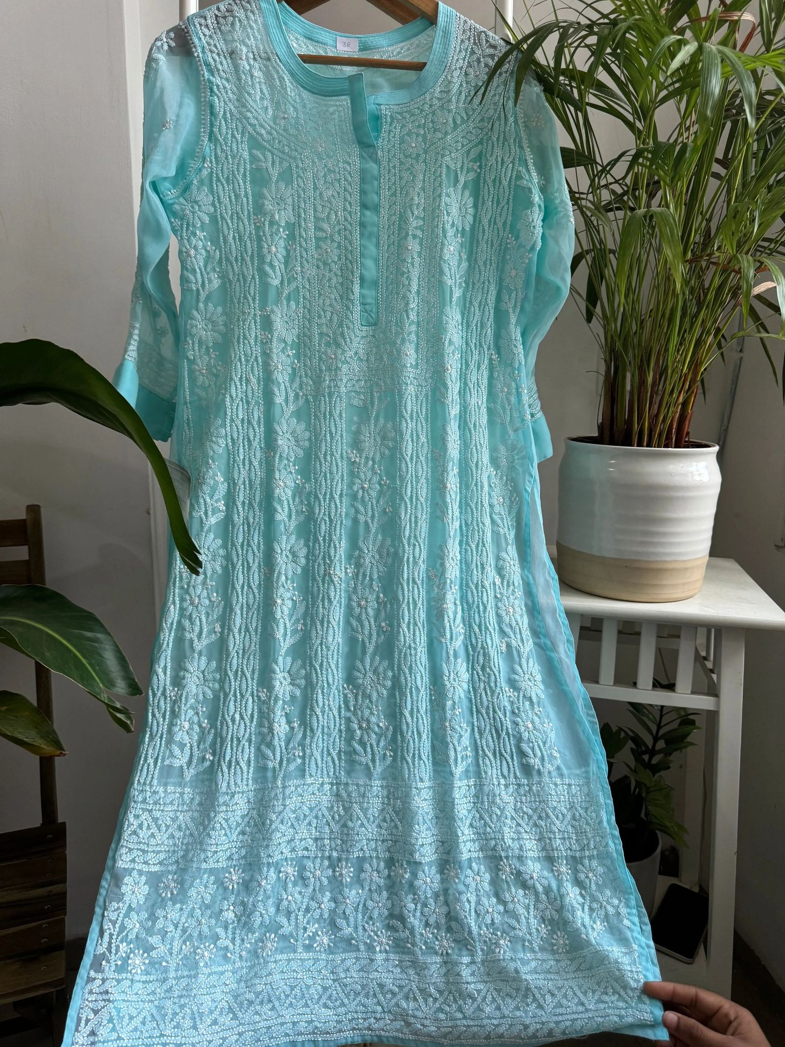 Chikankari Resham Jaal Kurti - Blue-Blue / Semi Georgette / M