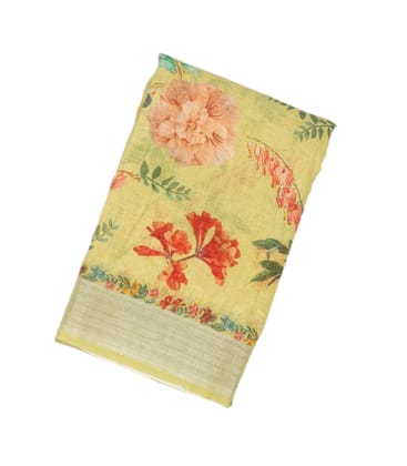 Pista Green Handloom Linen Saree With Printed Floral Motifs-Pista Green