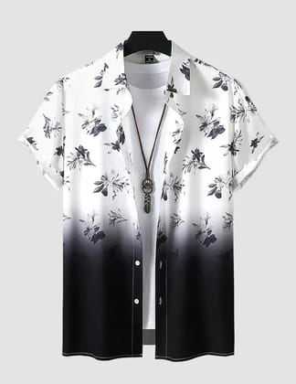 TRENDY SHADE BLACK AND WHITE COLOR MEN'S BEACH WEAR PRINTED SHIRT COTTON MATERIAL ROSCOE-XXL