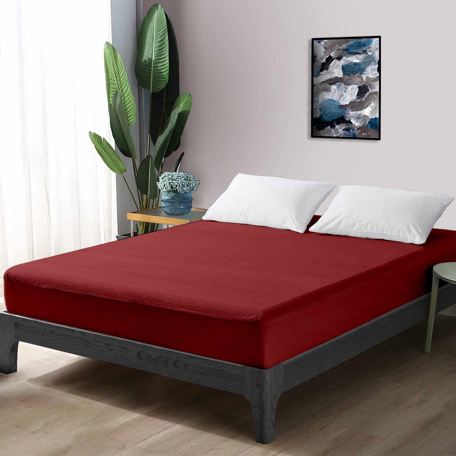 Maroon Terry Cotton Soft & Breathable Water Proof Mattress Protector Cover for Double Bed - 36"x72" ( Maroon ) - (mp-marron-db)-Double / Maroon / MP-MARRON-DB