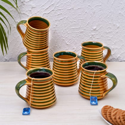 IKrafties Handmade Ceramic Yellow Green Studio Mug Set(Set of 6)