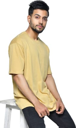 Men Solid Round Neck Pure Cotton Beige T-Shirt