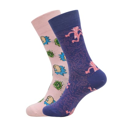 Rick and Morty Cotton Crew socks for Men (Pack of 2) (Free Size) (Pink, Purple)-Stretchable from 25 cm to 33 cm / 2N