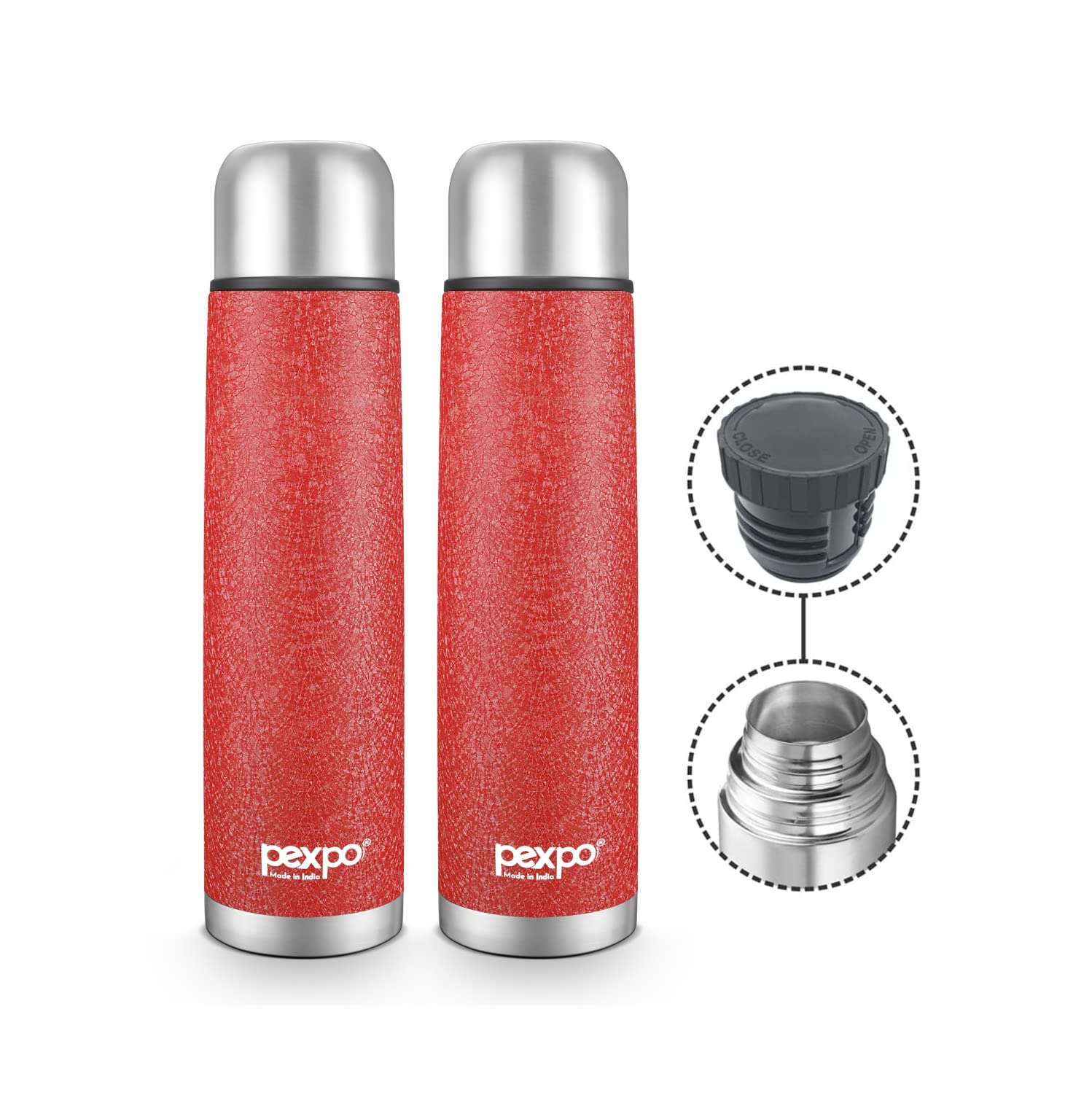Pexpo Stainless Steel 24 Hours Hot & Cold Water Bottle/Flask with Jute Bag, 750ml, Pack of 2, Red, Flexo | Durable & Odorless