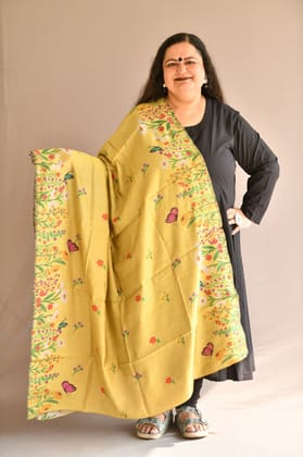 Gold Chanderi Silk Hand Painted Floral Designer Dupatta Shawl