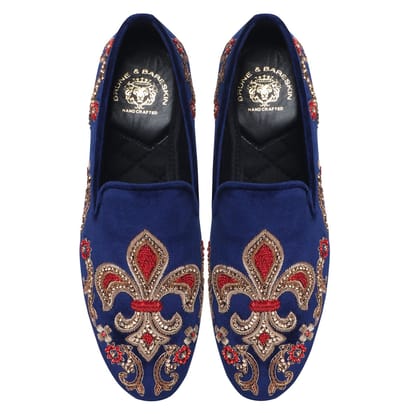 Fleur-de-lis Blue Velvet Slip-on With Red & Golden Zardosi by Brune & Bareskin-40/6