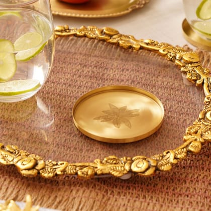 Leaf Embossed Brass Coaster | Elegant Drink Coasters for Home & Dining Decor ( Set of 4)-Leaf