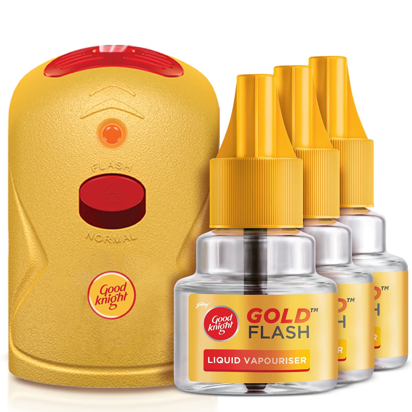 Good Knight Gold Flash Liquid Vapourizer, Mosquito Repellent Combo Pack, Machine + Pack Of 3 Refills (45Ml Each)