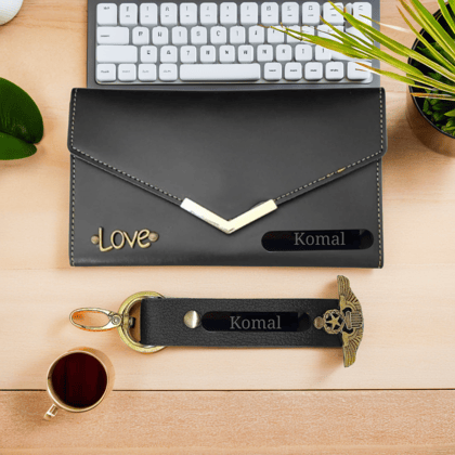 Personalised Gift Combo of Women's Clutch and Leather keychain