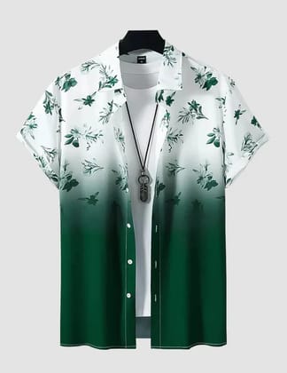 TRENDY GREEN AND WHITE COLOR MEN'S BEACH WEAR PRINTED SHIRT COTTON MATERIAL ROSCOE-M