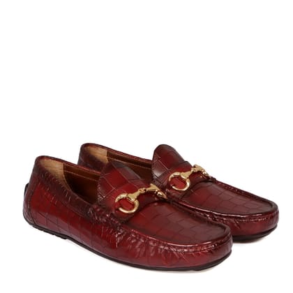 Croco Textured Driver Loafer Shoe in Wine Leather-40/6