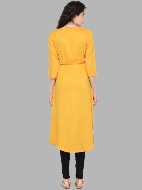 Women Mustard Yellow Dyed Thread Work Kurta