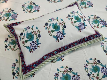 Turquoise-Multicolor Handblock Printed Cotton Double Bedcover with Pillow Covers (Set of 3)-10895 - Jaipur Handblocks