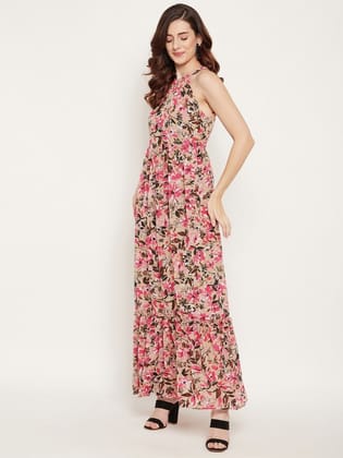 Women Brown & Pink Floral Halter Neck Georgette Maxi Dress